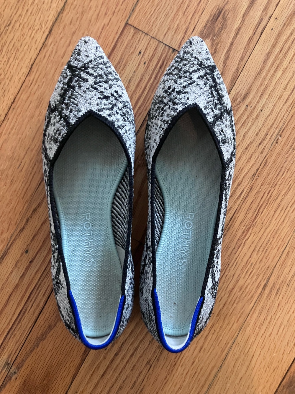 Rothy's Black & White Pointed Knit Flats with Light Blue Insole